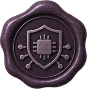 Wax seal showing a shield over a microchip and network nodes