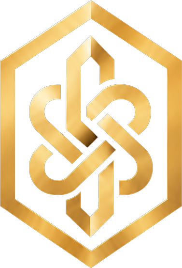 The Guild Knot: a gold interlaced knot inside a hexagon