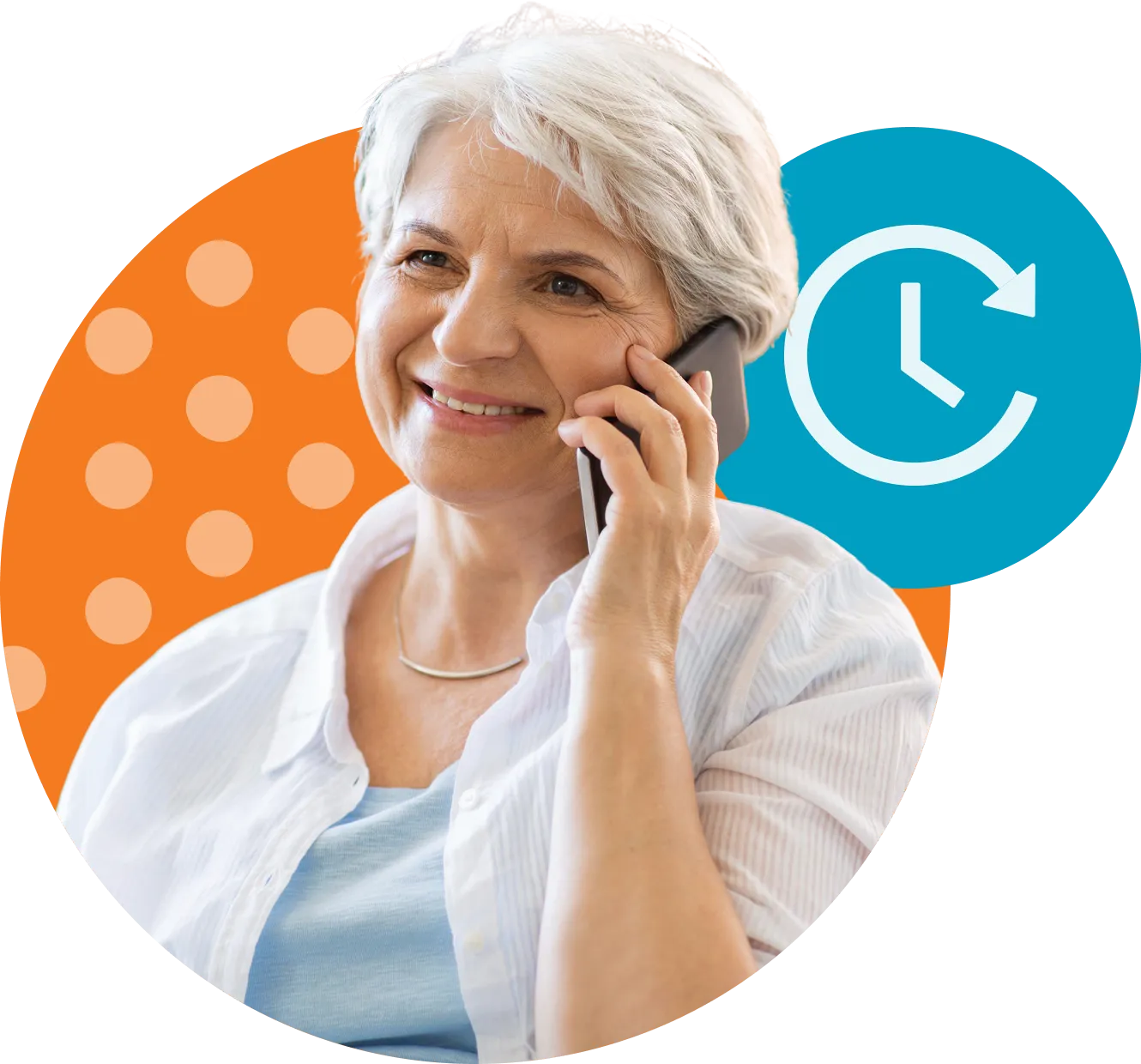 An older woman talking on a phone.