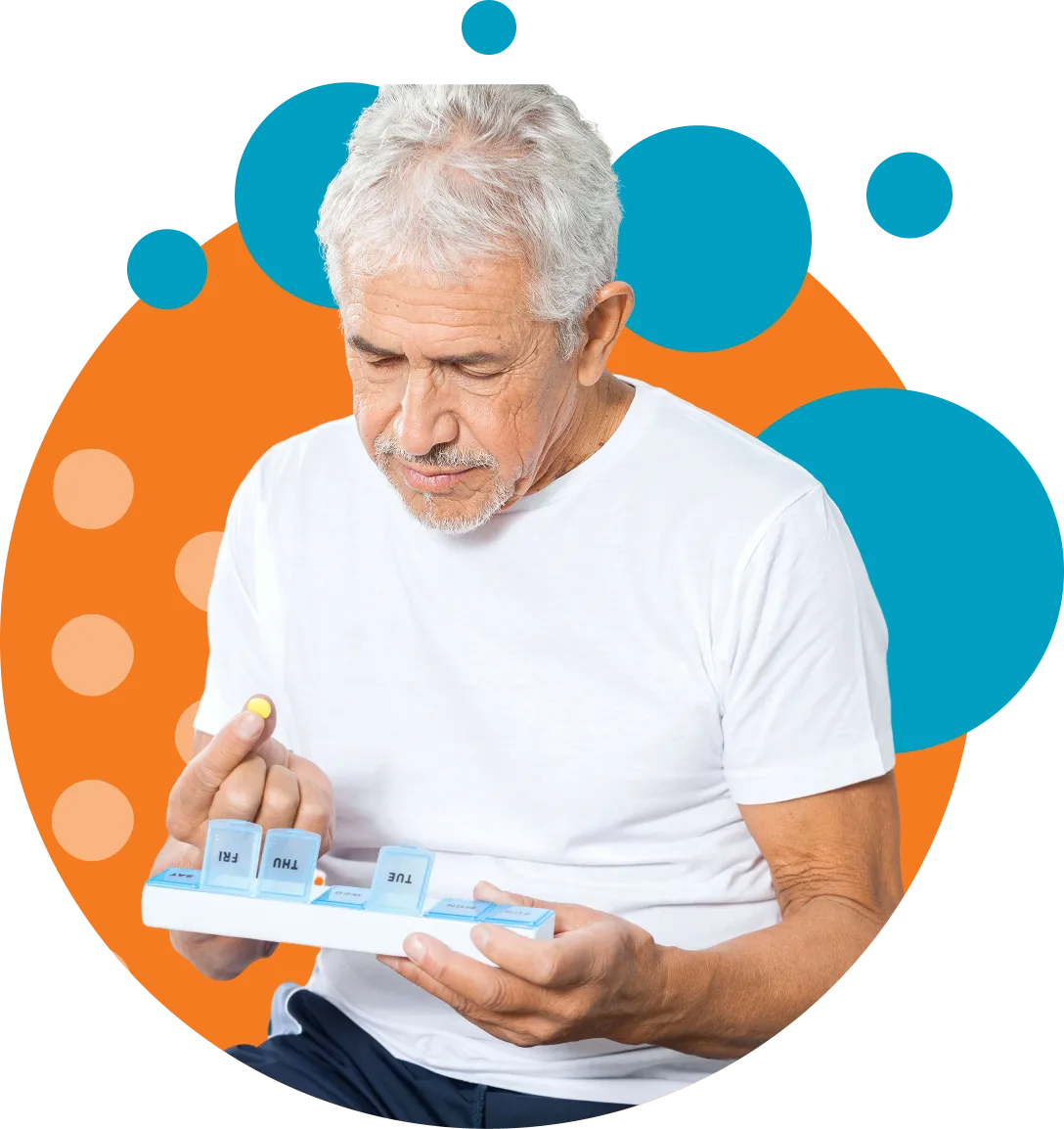 Elderly man in white t-shirt holding a weekly pill organizer and examining a yellow pill.