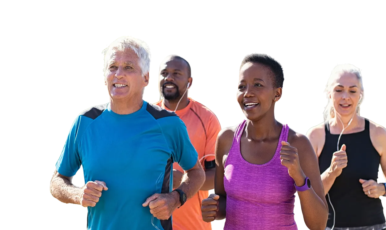 Four diverse adults jogging together, two men and two women, wearing athletic clothing and fitness watches, smiling and exercising outdoors.