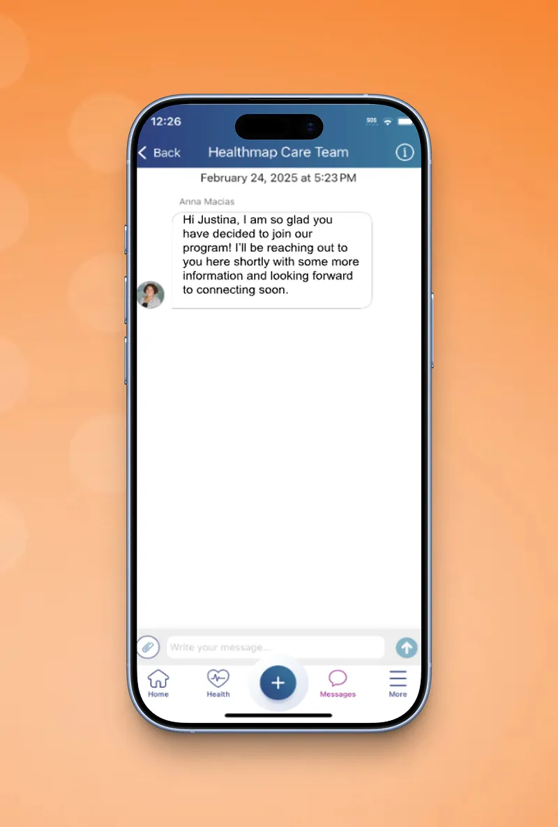 Messages from the Healthmap care team in the Carium app.