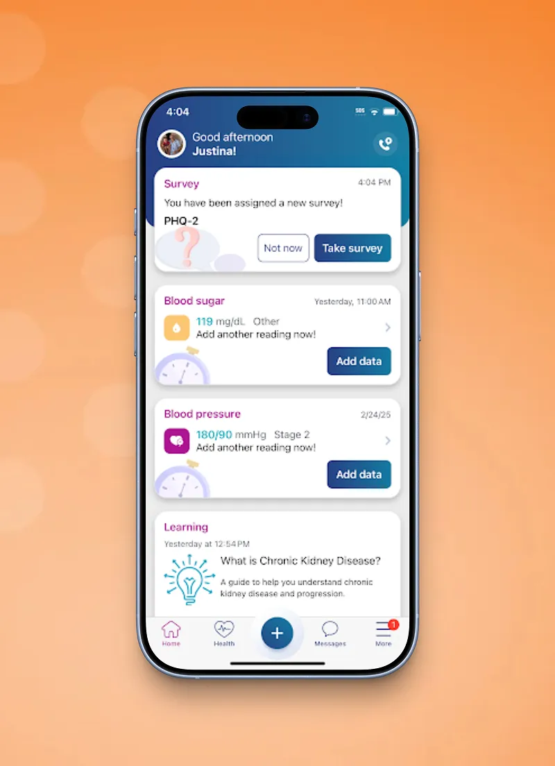Carium app dashboard with health readings, surveys, and education.
