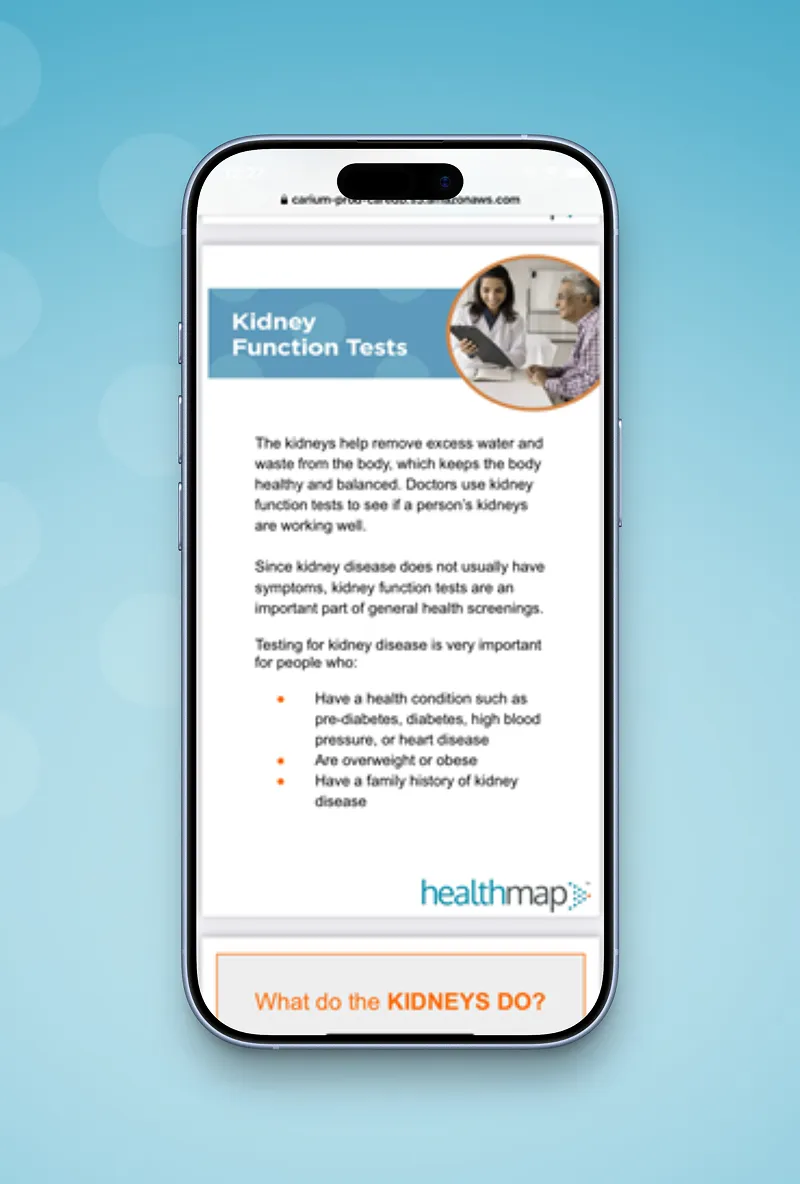 Kidney function education displayed on a smartphone.