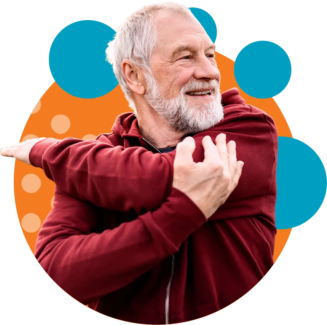 Smiling elderly man with white hair and beard stretching his arms, wearing a maroon hoodie, against a background of orange and blue circles.