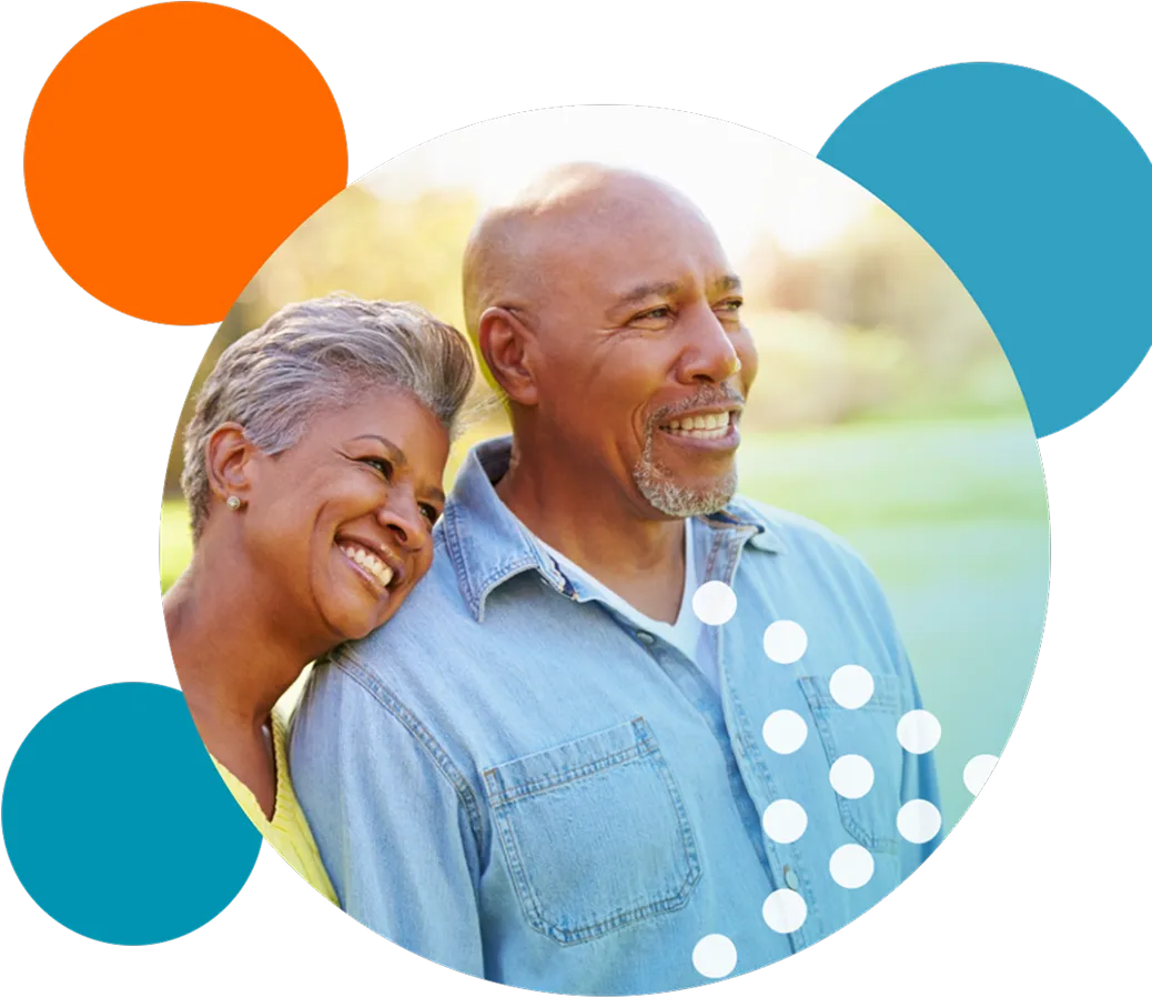 Smiling older African American couple outside, a woman leans her head on the man's shoulder as they look into the distance, surrounded by graphic colored circles and white dots.
