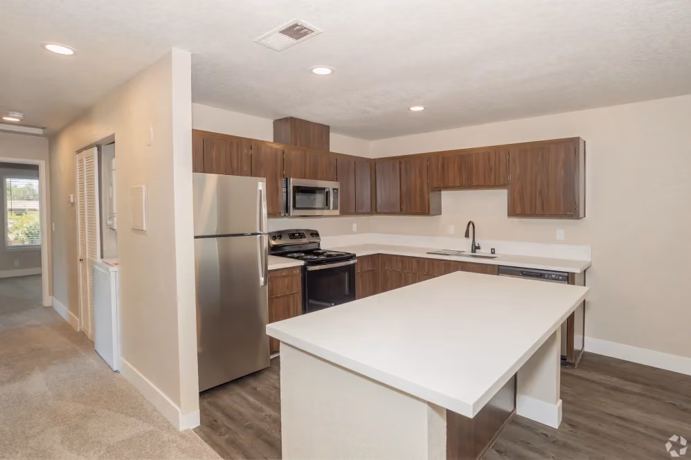 Kitchen with wood-like cabinets