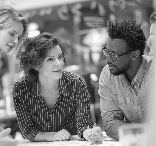 A group of four diverse people closely gathered around a table in discussion, with a woman holding a pen and engaging attentively with a man wearing glasses.