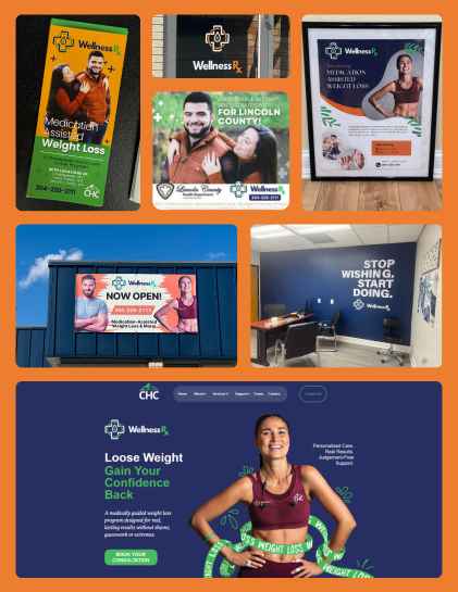Collage of WellnessRx branded images promoting weight loss and medication-assisted treatment, including business cards, a framed poster, outdoor signage, an office wall with the quote "Stop wishing. Start doing.", and a website screenshot featuring a smiling woman with text about loose weight and gaining confidence.