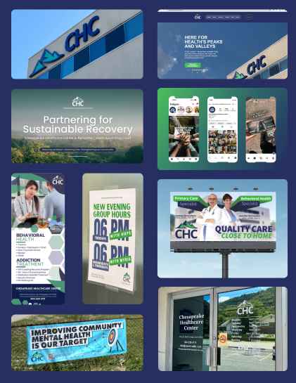 Collage of nine images showcasing Chesapeake Healthcare Center (CHC) branding and services, including its logo on a building, website homepage, partnership message for sustainable recovery, social media posts, behavioral health and addiction treatment brochure, new evening group hours sign, billboard highlighting primary and behavioral health care, outdoor banner about improving community mental health, and entrance door with CHC information.