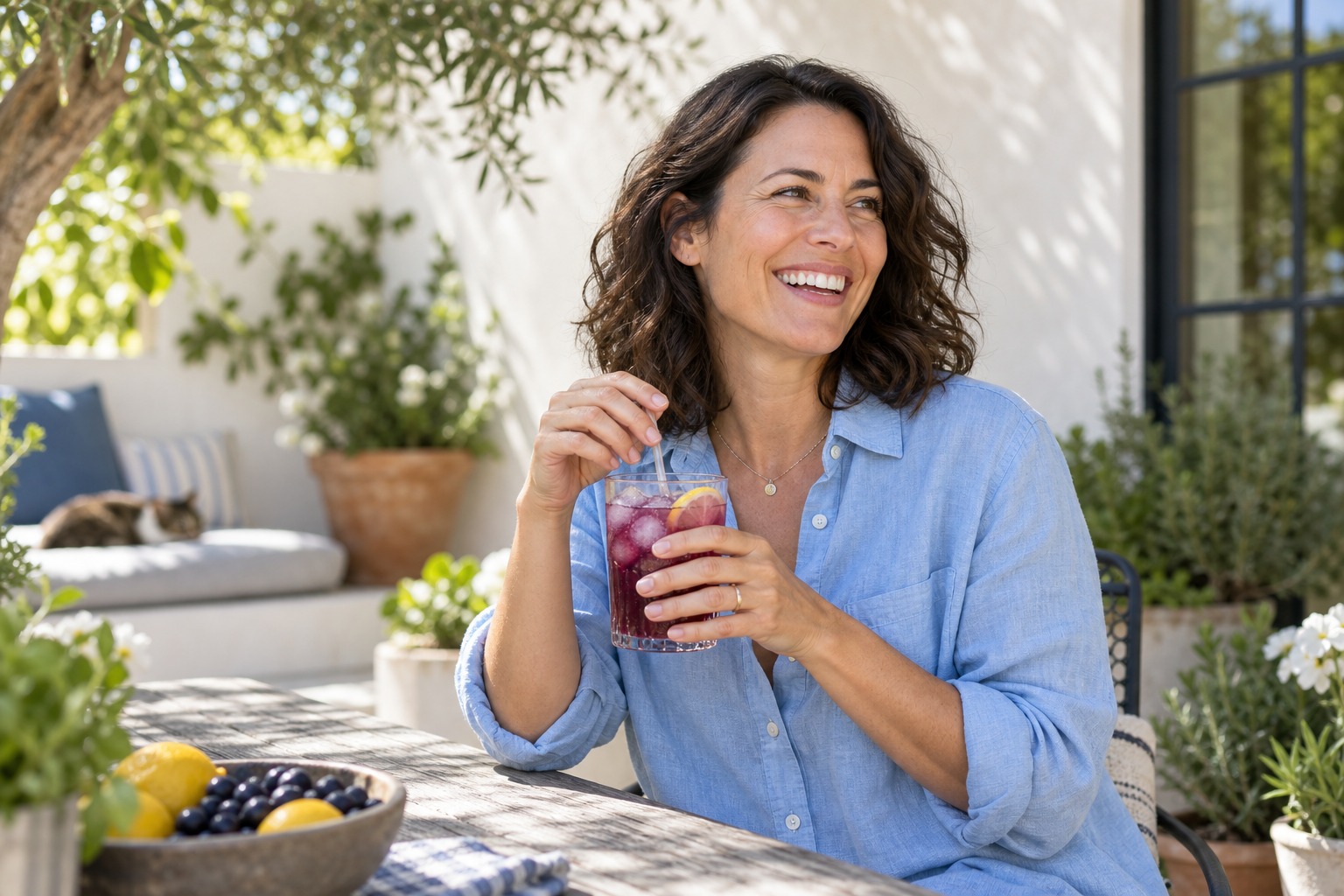 A woman enjoying blackberry lemonade on a sunny patio