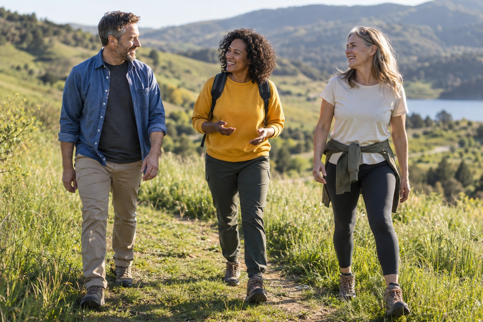 Three friends walking together on a green hillside