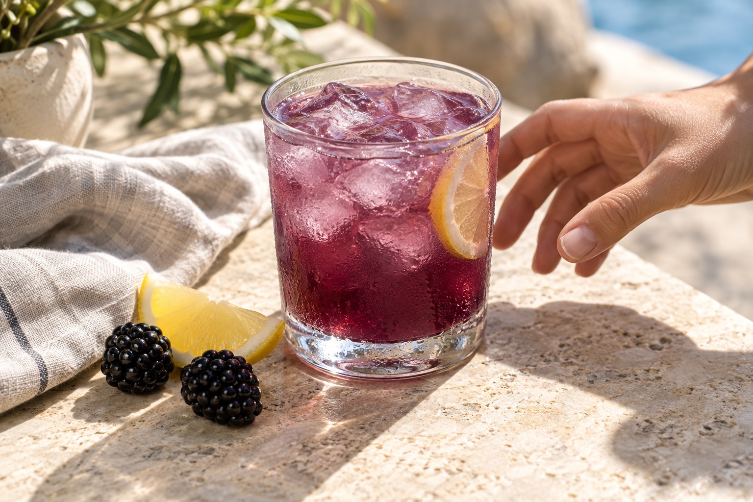 Blackberry lemonade over ice with lemon and fresh blackberries