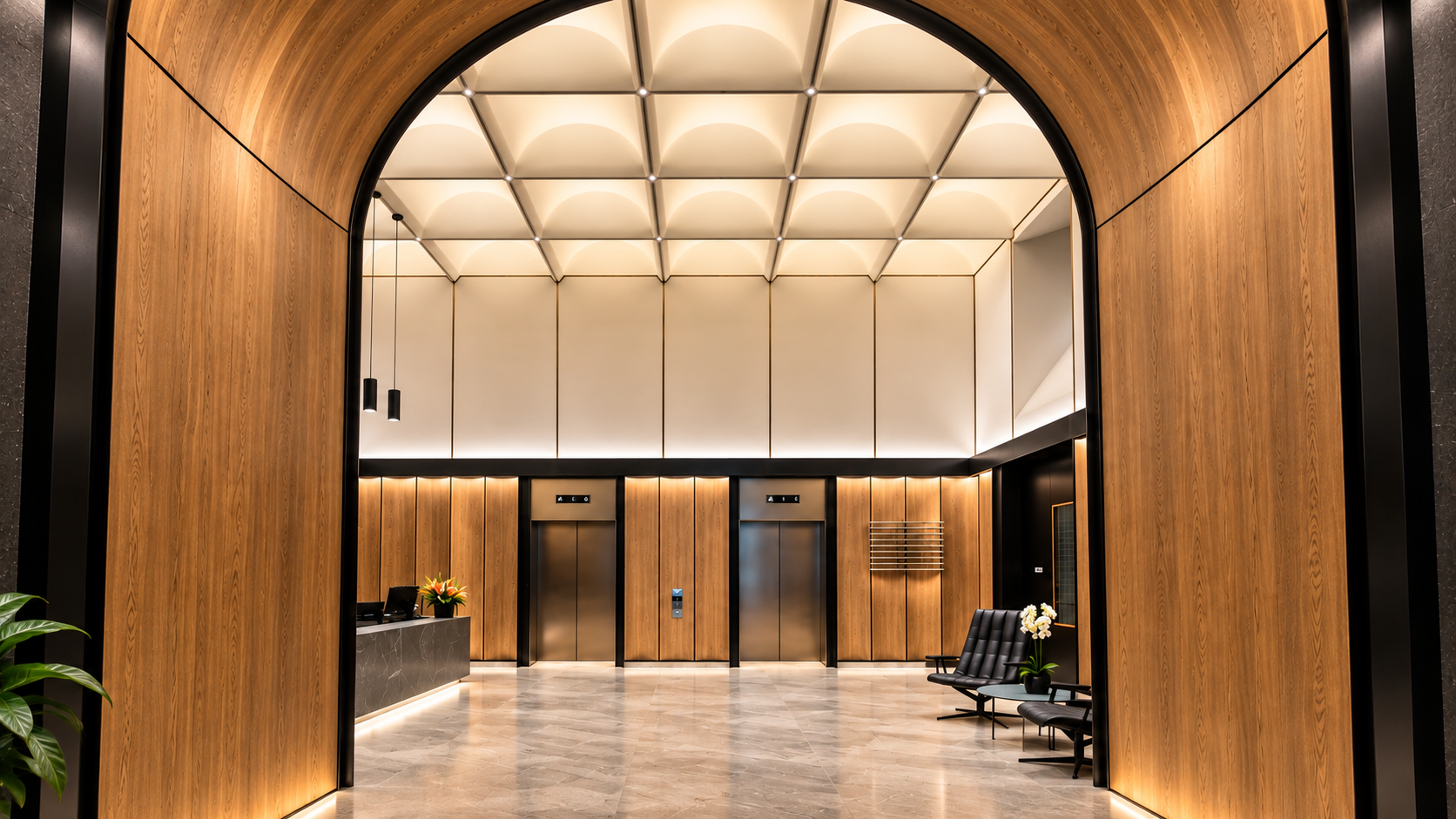 Modern elevator lobby featuring two closed stainless steel elevators set in wood-paneled walls, a sleek reception desk on the left with a flower arrangement, black leather chairs with a table and flower pot on the right, glossy marble floor, and a curved wood and black framed archway entrance under a ceiling with geometric recessed lighting.