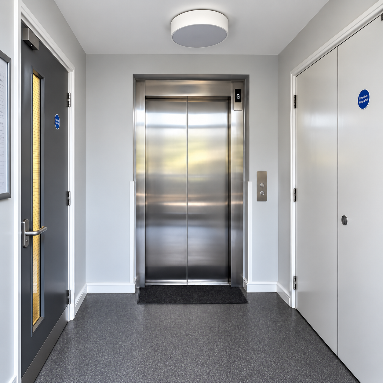 Interior hallway with a closed stainless steel elevator door labeled 'G' in the center, a dark gray door with a vertical window to the left, and white double fire doors with blue round signs to the right.