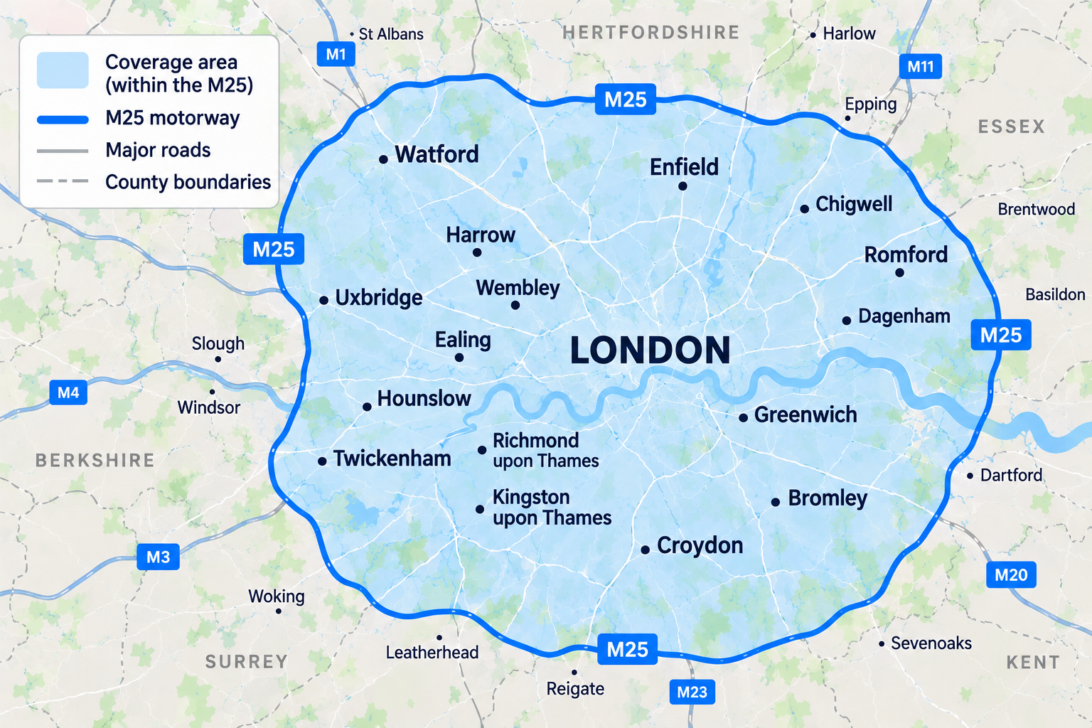 Map of London and surrounding areas showing the coverage area within the M25 motorway highlighted in light blue, with the M25 motorway marked in thick blue line, major roads in grey, and county boundaries in dashed grey lines; key towns and districts like Watford, Enfield, Uxbridge, Harrow, Wembley, Ealing, Twickenham, Richmond upon Thames, Kingston upon Thames, Croydon, Bromley, Greenwich, Romford, Chigwell, and Dagenham are labeled; nearby counties Berkshire, Surrey, Hertfordshire, Essex, and Kent are indicated outside the M25.