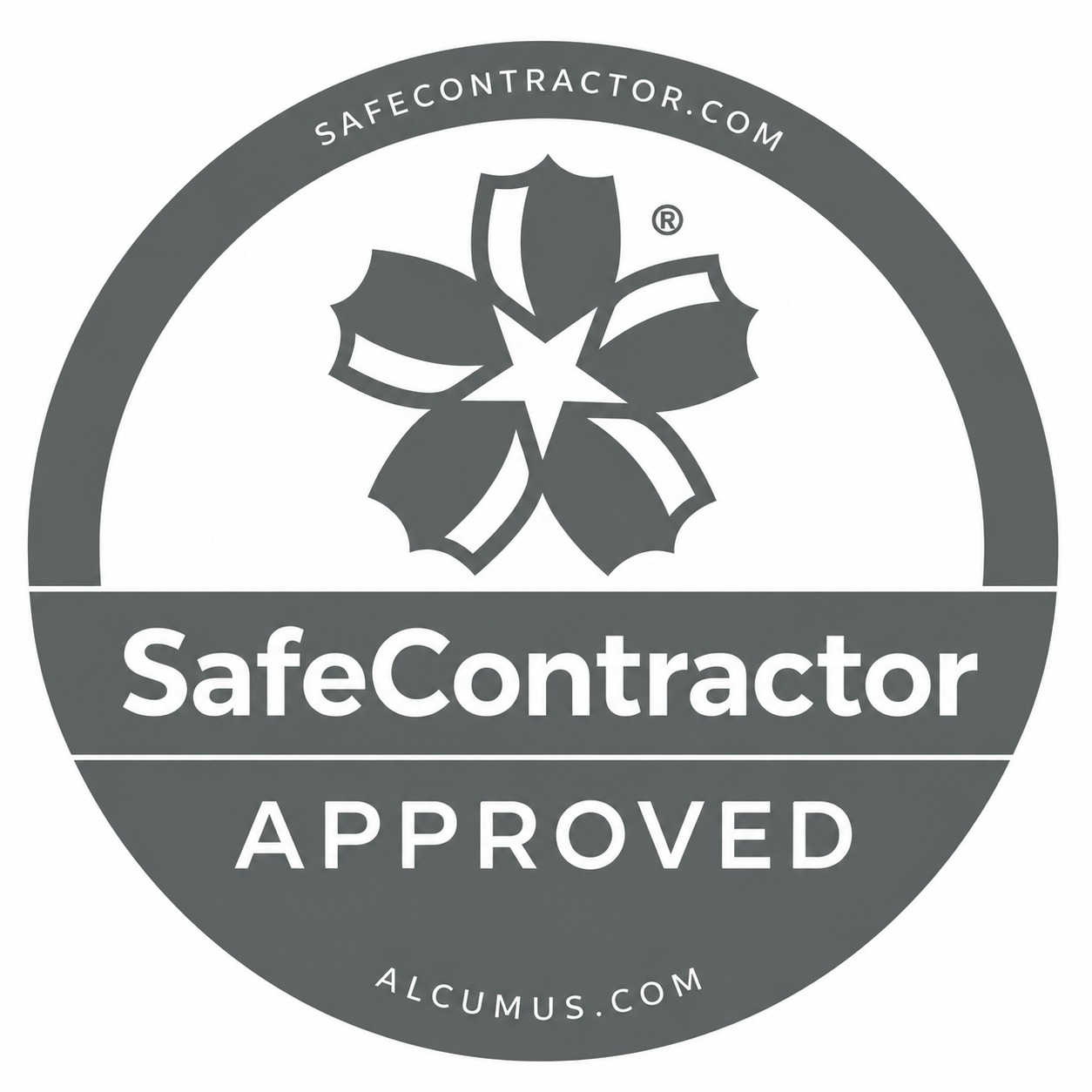 SafeContractor Approved badge with a stylized flower and star logo, featuring the website safecontractor.com at the top and alcumus.com at the bottom.