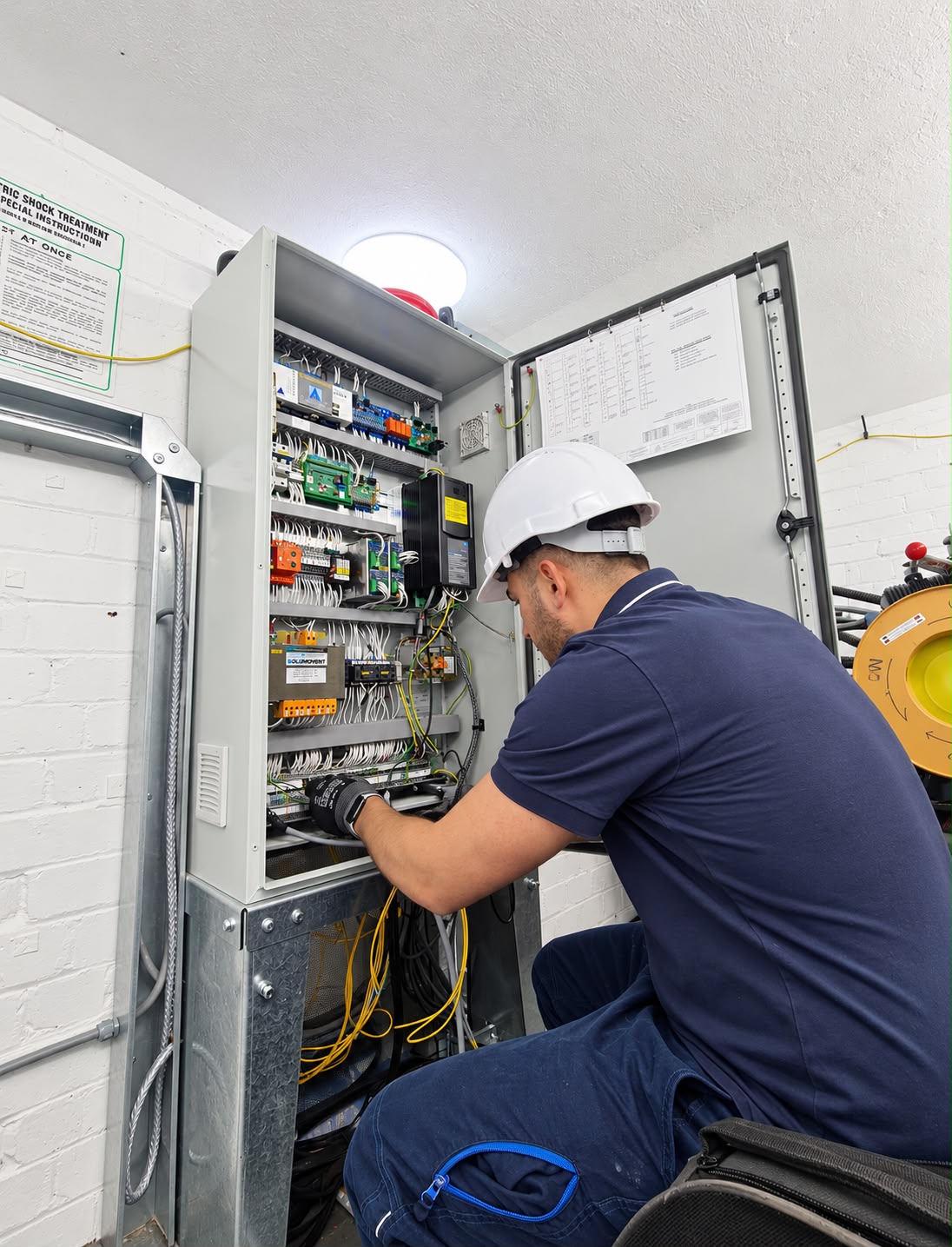 Technician wearing a white hard hat and navy blue clothing working on wiring inside an open electrical control panel cabinet in a white brick-walled room.