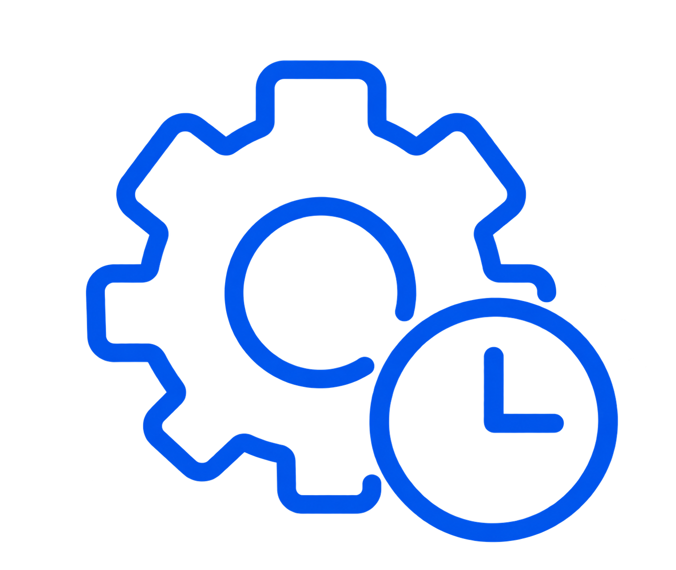 Blue outlined gear with a clock icon overlapping its bottom right side, symbolizing settings or time management.