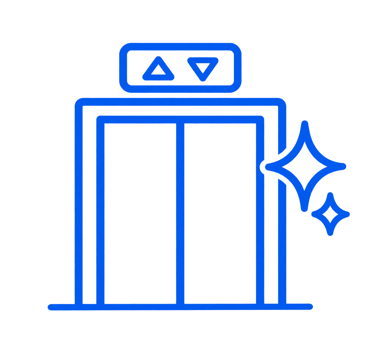 Icon of a blue outlined elevator with up and down arrows above and two sparkle symbols to the right, indicating cleanliness or newness.