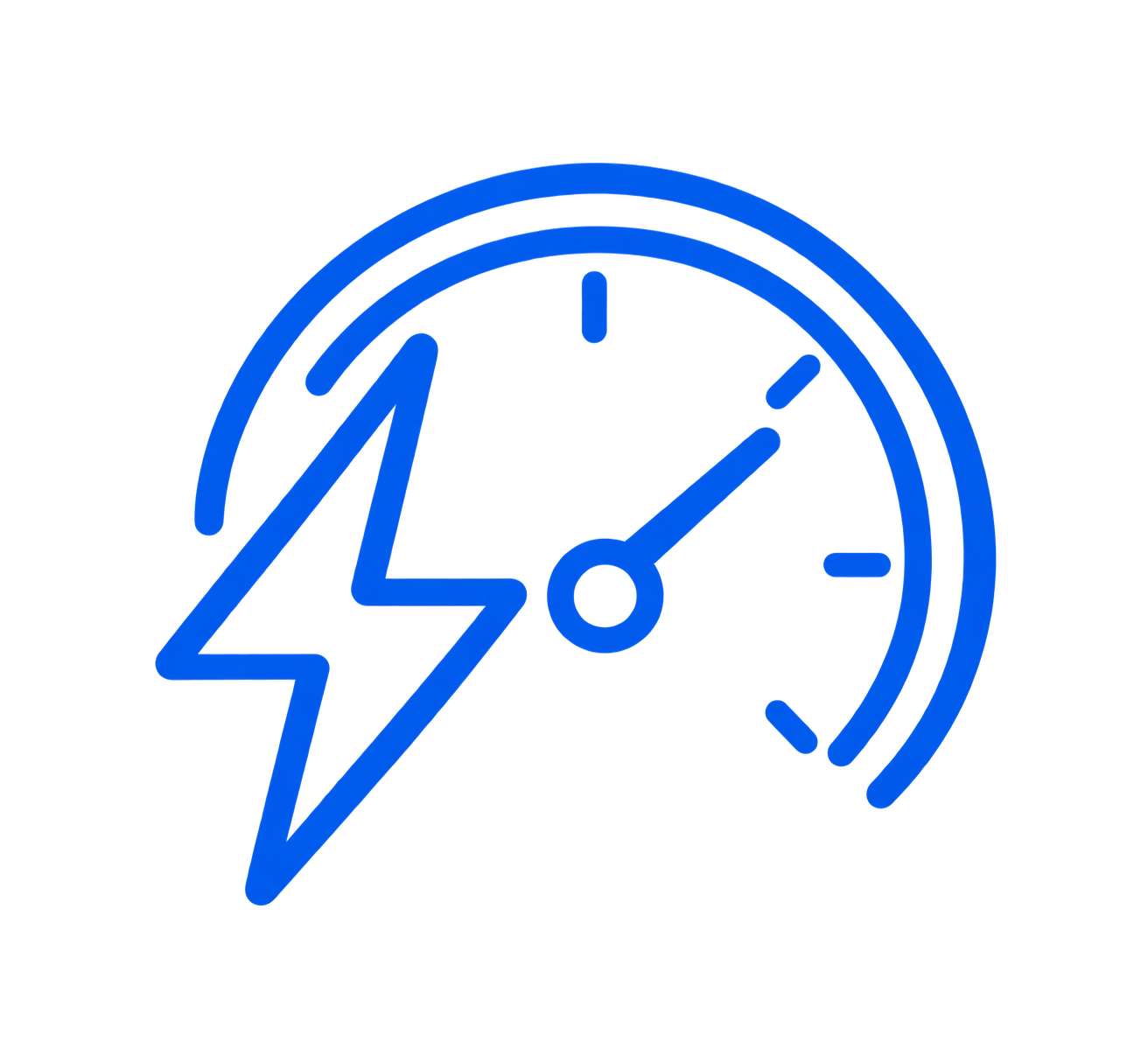 Blue speedometer icon with a lightning bolt symbol overlapping its left side, depicting energy or power speed.