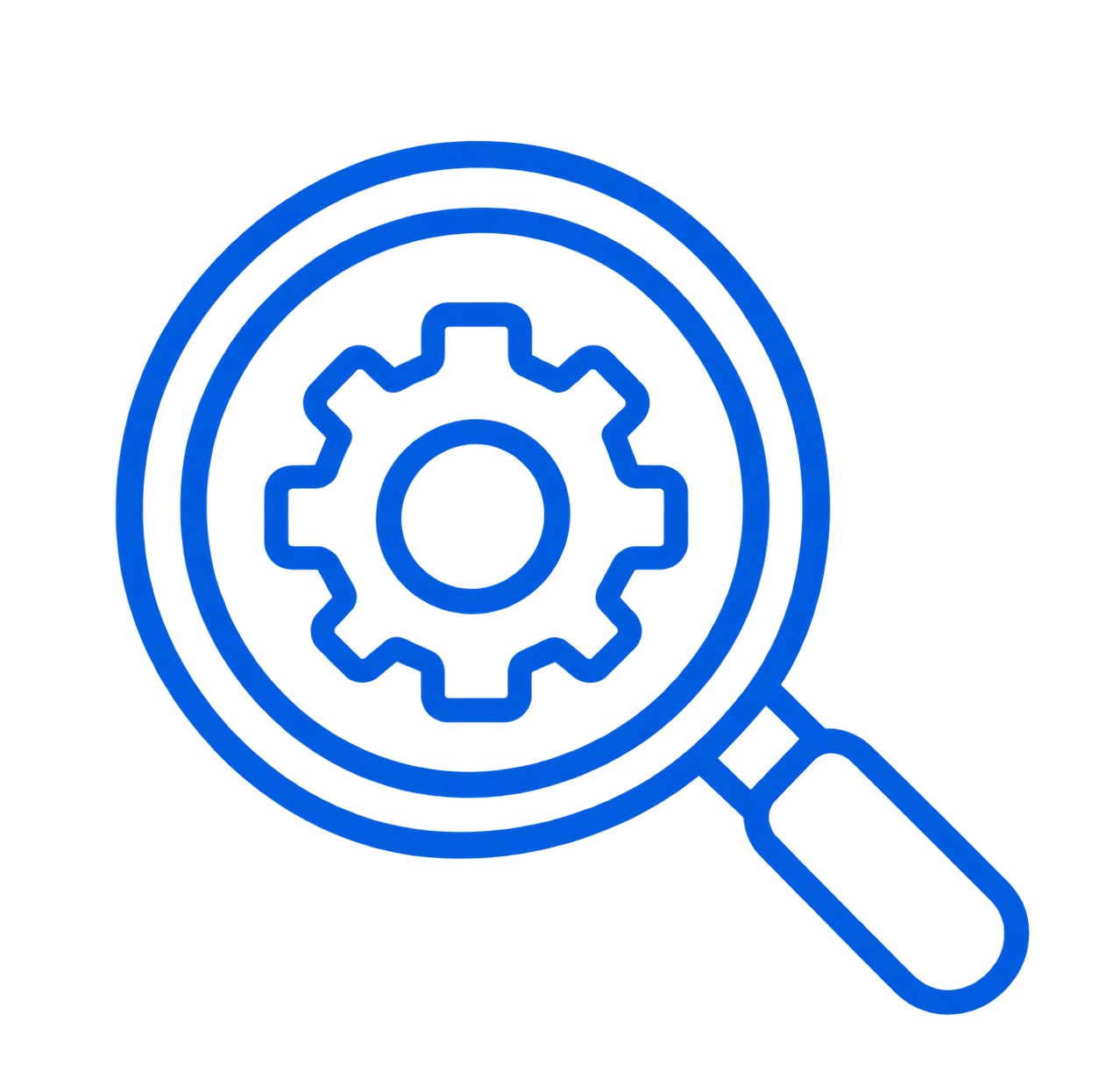 Blue outline of a magnifying glass focusing on a gear or cogwheel symbol, representing search or technical analysis.