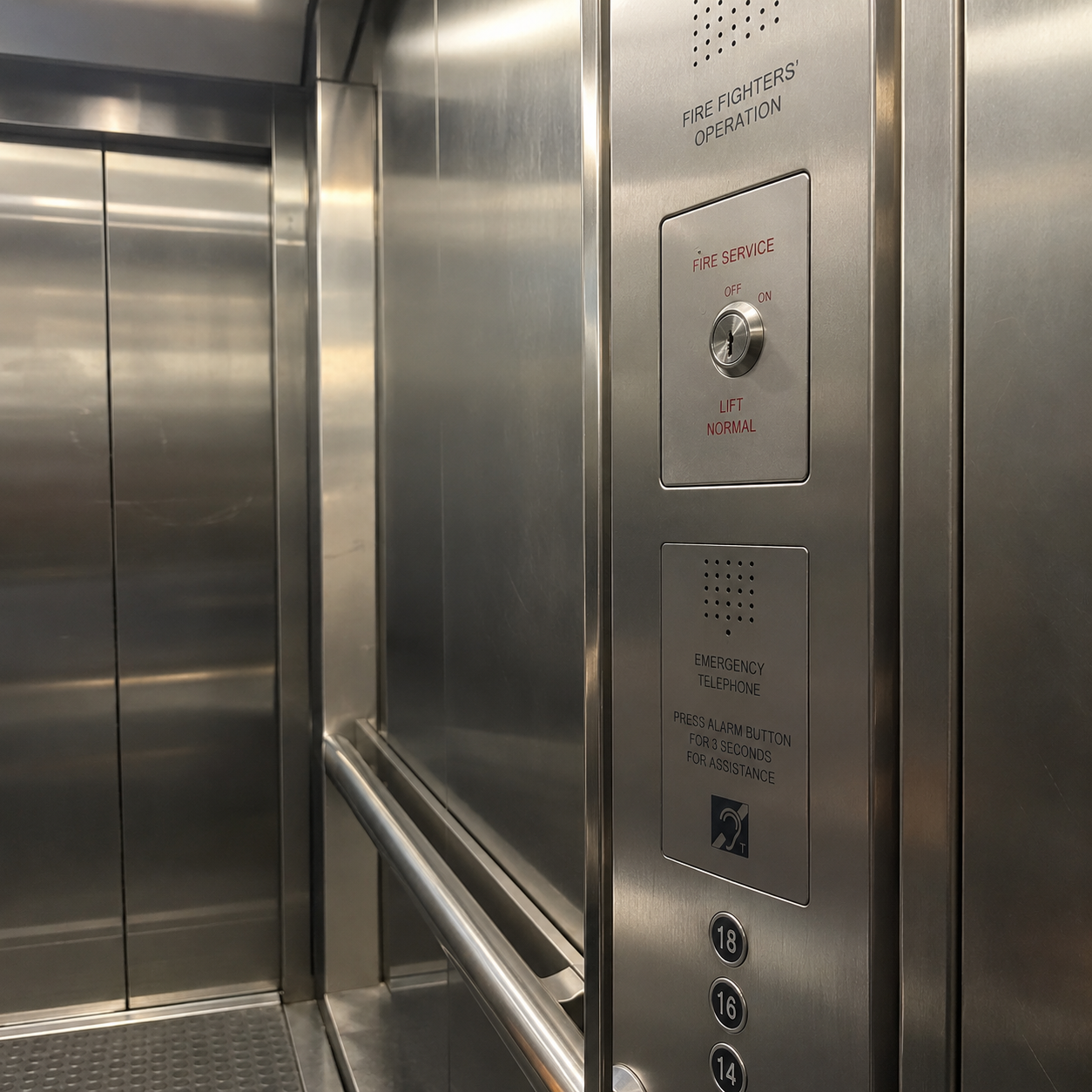 Interior of a stainless steel elevator showing the door, handrail, floor buttons for 14, 16, and 18, an emergency telephone with instructions to press alarm for 3 seconds for assistance, and a fire service switch labeled 'Fire Fighters' Operation'.
