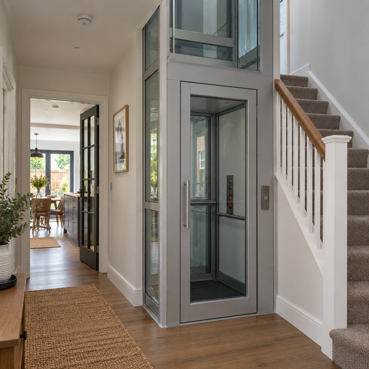Modern residential interior hallway with wooden floor and a small built-in glass elevator next to carpeted stairs with white railing and wooden handrail, leading to an open kitchen and dining area with glass doors to the outside.