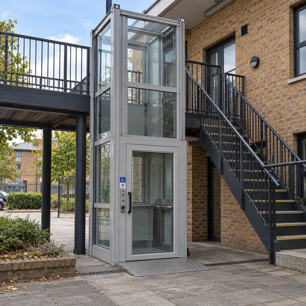 Outdoor glass and metal wheelchair-accessible elevator next to a black metal staircase attached to a brick building.