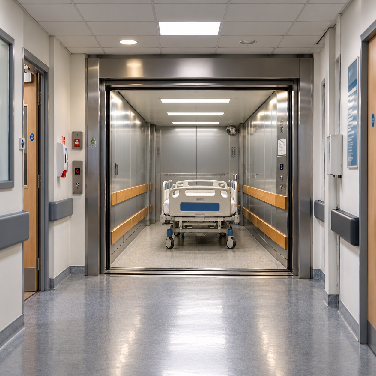 Hospital hallway with a large stainless steel patient elevator open, inside a hospital bed with white sheets and blue accents is visible.
