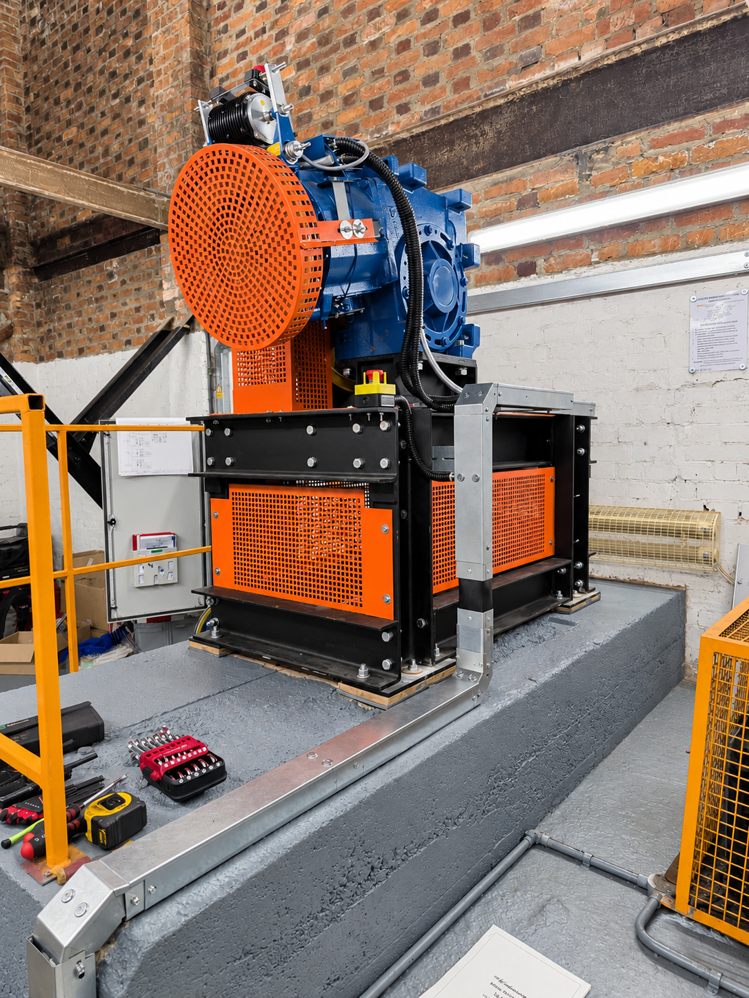 Industrial machine with orange perforated panels, a blue motor, and black metal frame mounted on a raised gray platform in a brick-walled workshop with tools nearby.