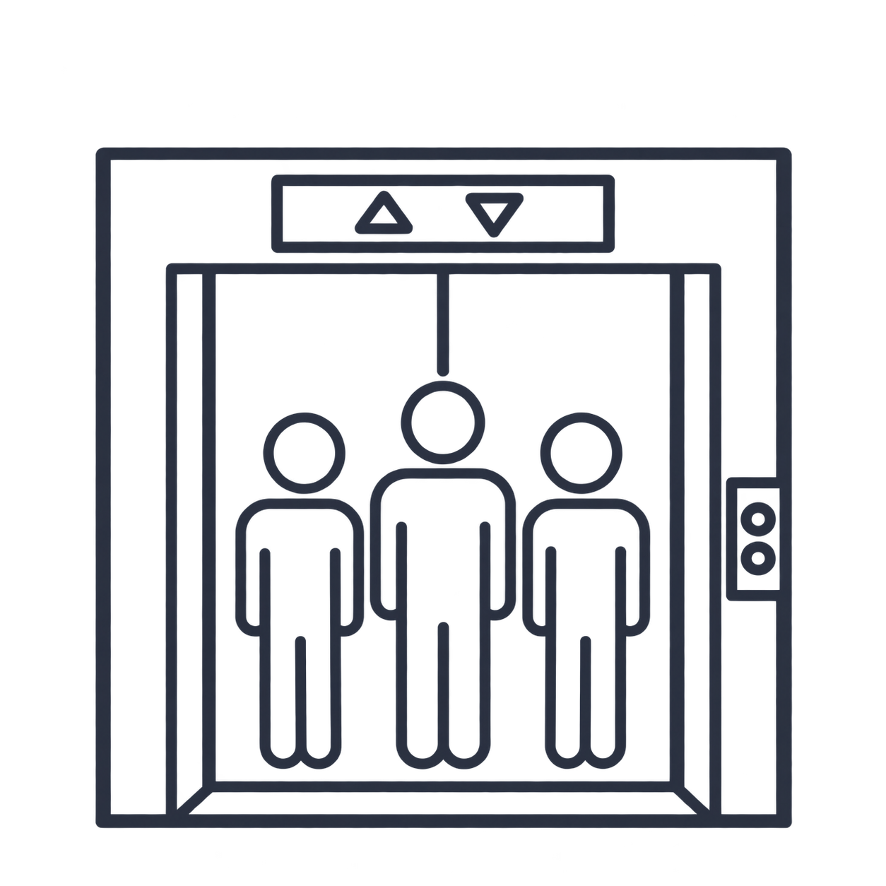 Line drawing of three human figures standing inside an elevator with an up arrow and down arrow panel above them and buttons on the right side.