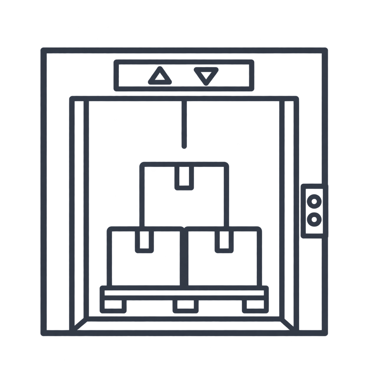 Outline icon of a freight elevator with three stacked boxes on a pallet inside, elevator door frame and control buttons visible.
