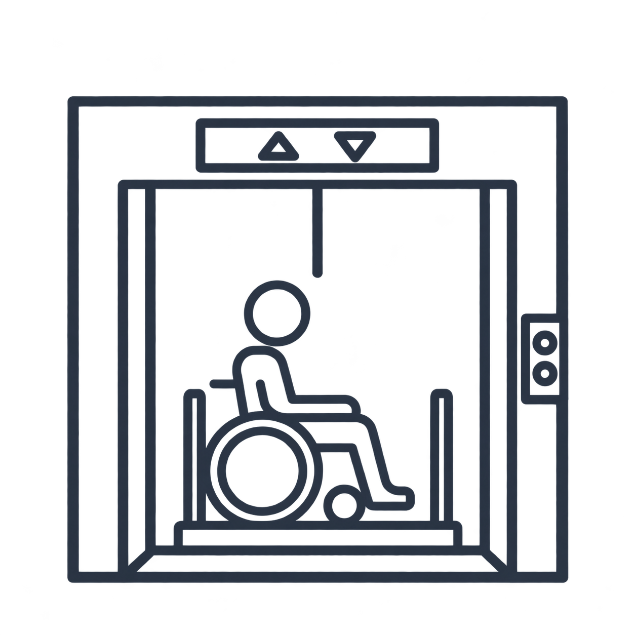 Icon of a person in a wheelchair inside an elevator, with elevator doors, control buttons on the right, and up and down arrows above.