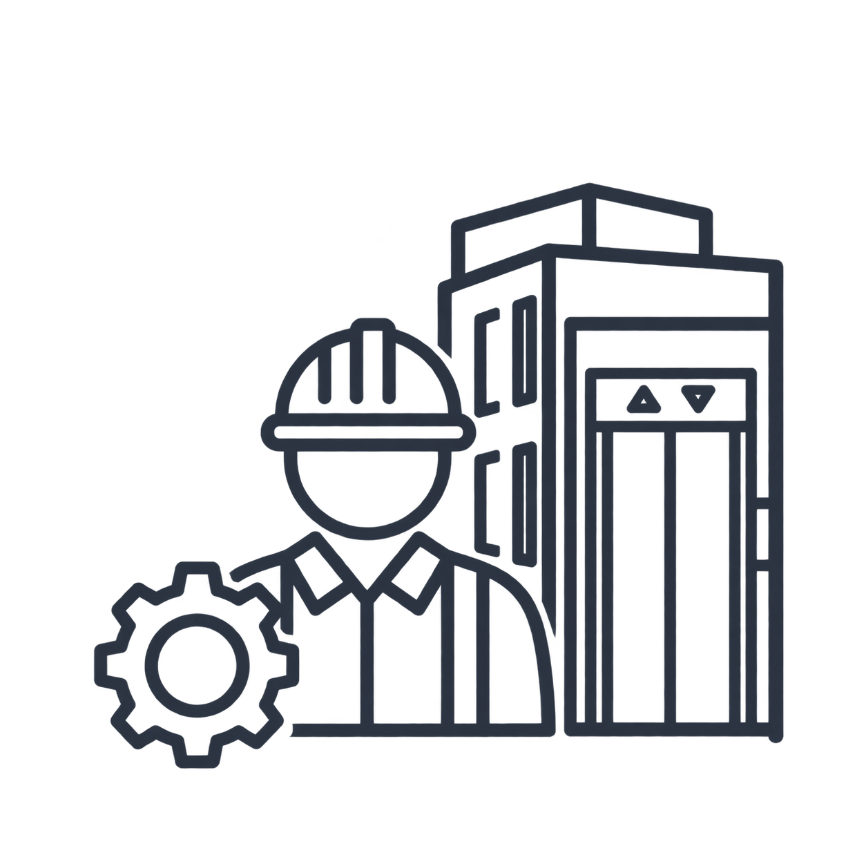 Line drawing of a construction worker wearing a hard hat and holding a gear icon, standing next to an elevator with up and down arrows.