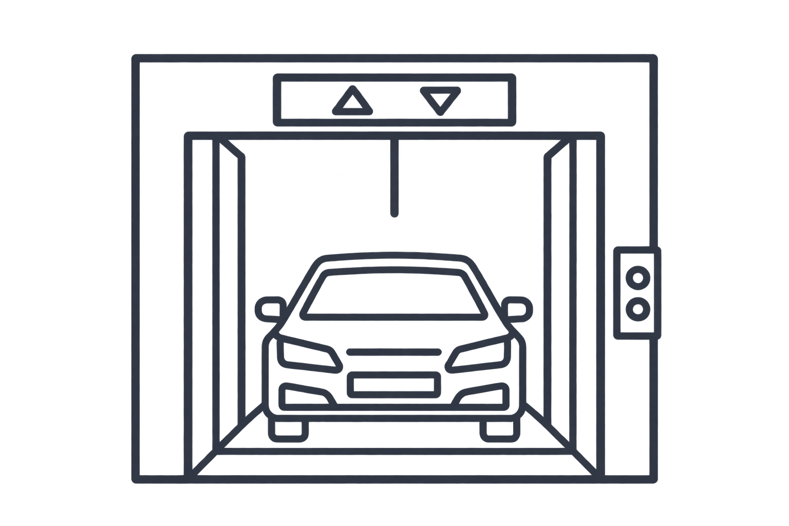 Car inside a garage with a garage door opener control panel visible above, and control buttons mounted on the side wall.