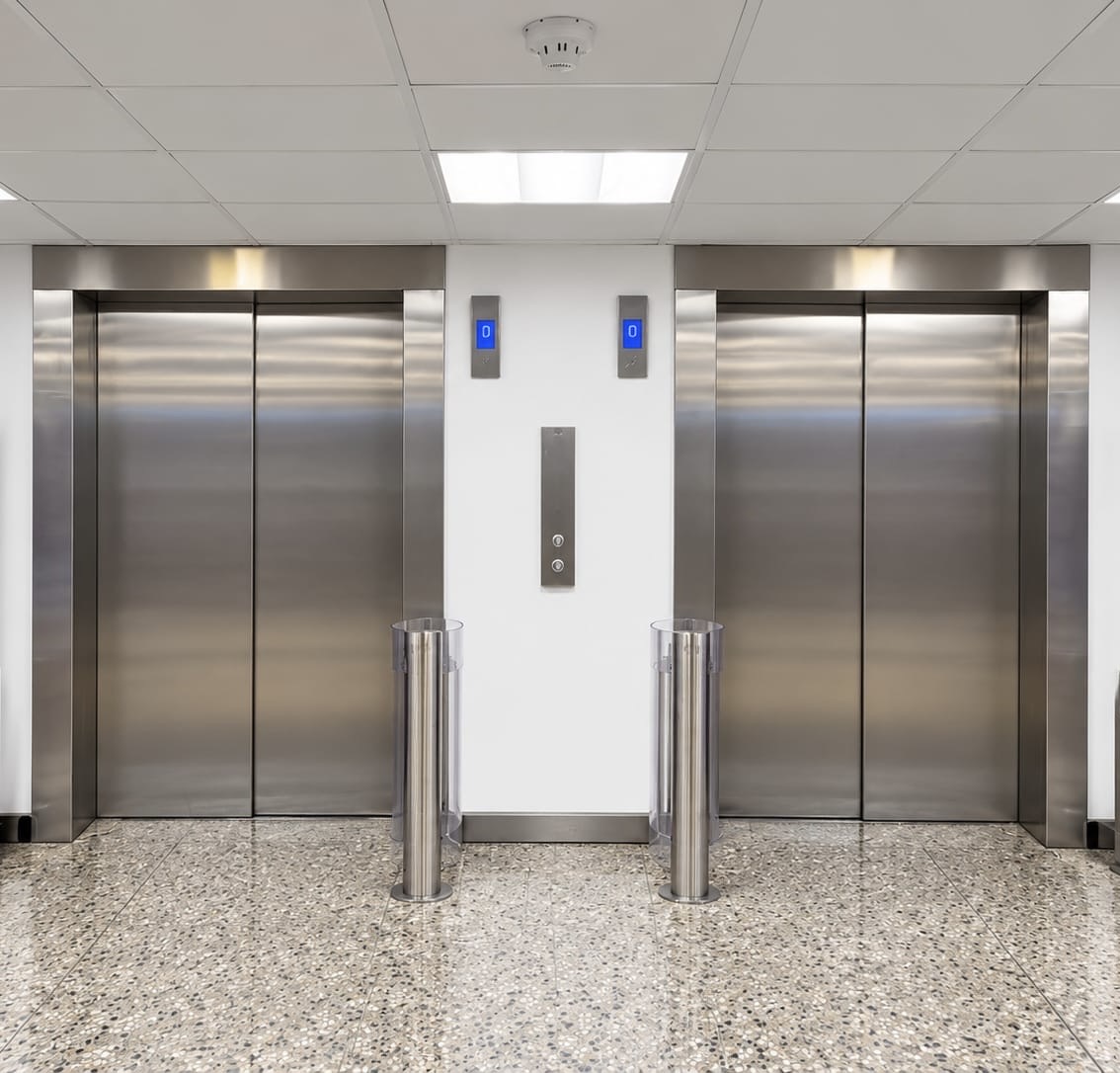 Two closed stainless steel elevators in a bright, modern hallway with terrazzo flooring and illuminated floor indicators showing 0 above each elevator door.