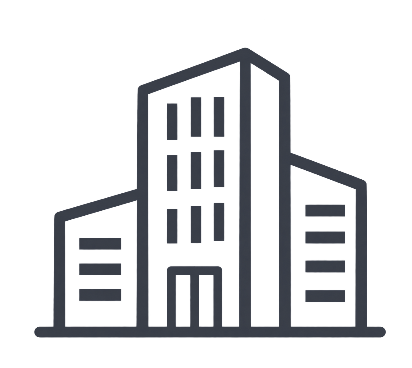 Simple dark gray icon of three connected buildings of varying heights with multiple rectangular windows, representing a cityscape or office complex.