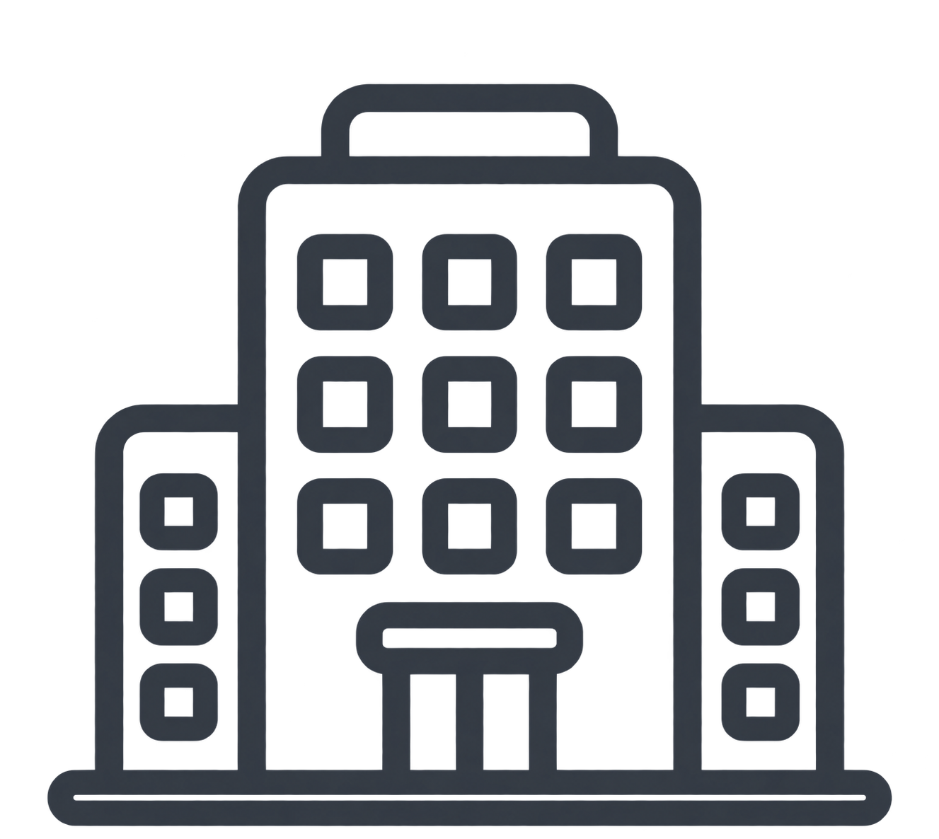 Black outline icon of a multi-story building with a central entrance and windows arranged in rows on the front and side sections.