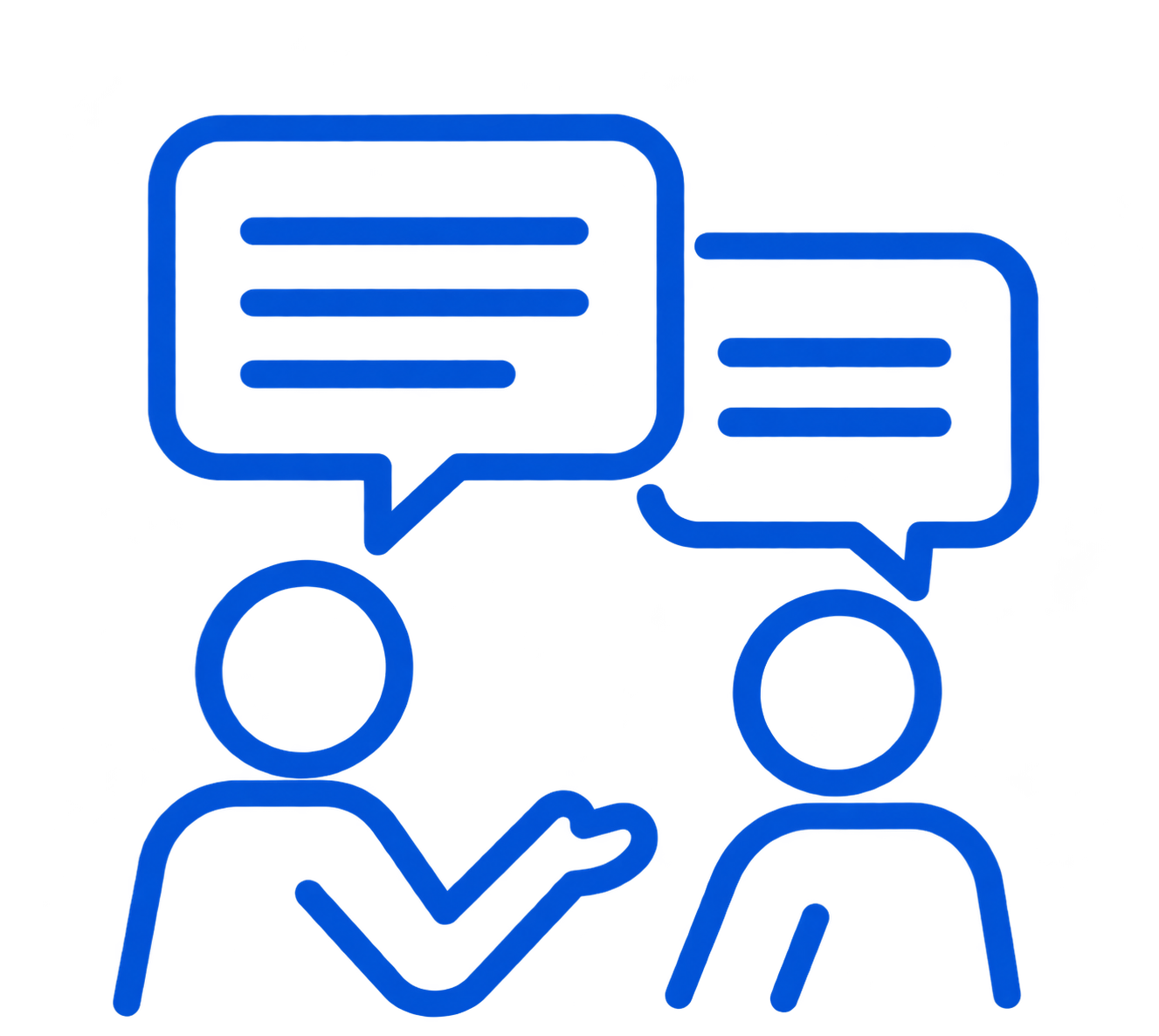 Blue line icon of two people with speech bubbles above them, representing a conversation or communication.