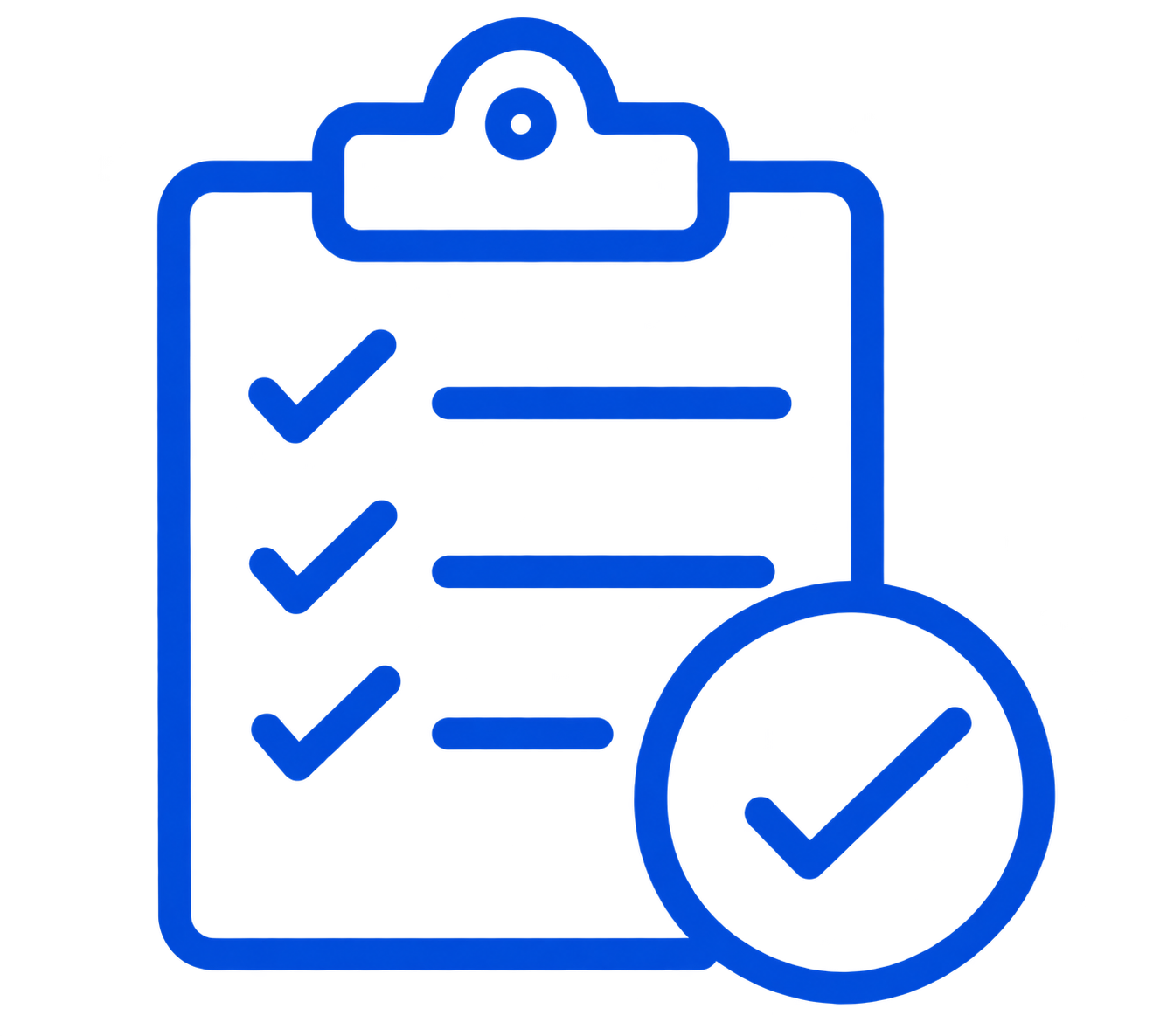 Blue line art of a checklist on a clipboard with three check marks and a large check mark in a circle in front.