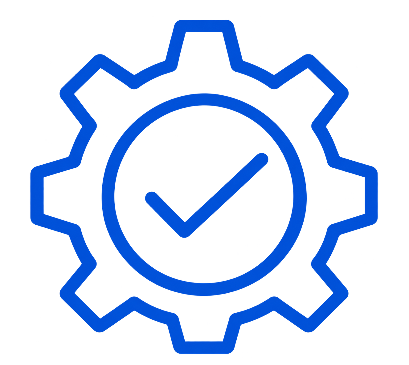 Blue gear icon with a check mark inside the circular center.