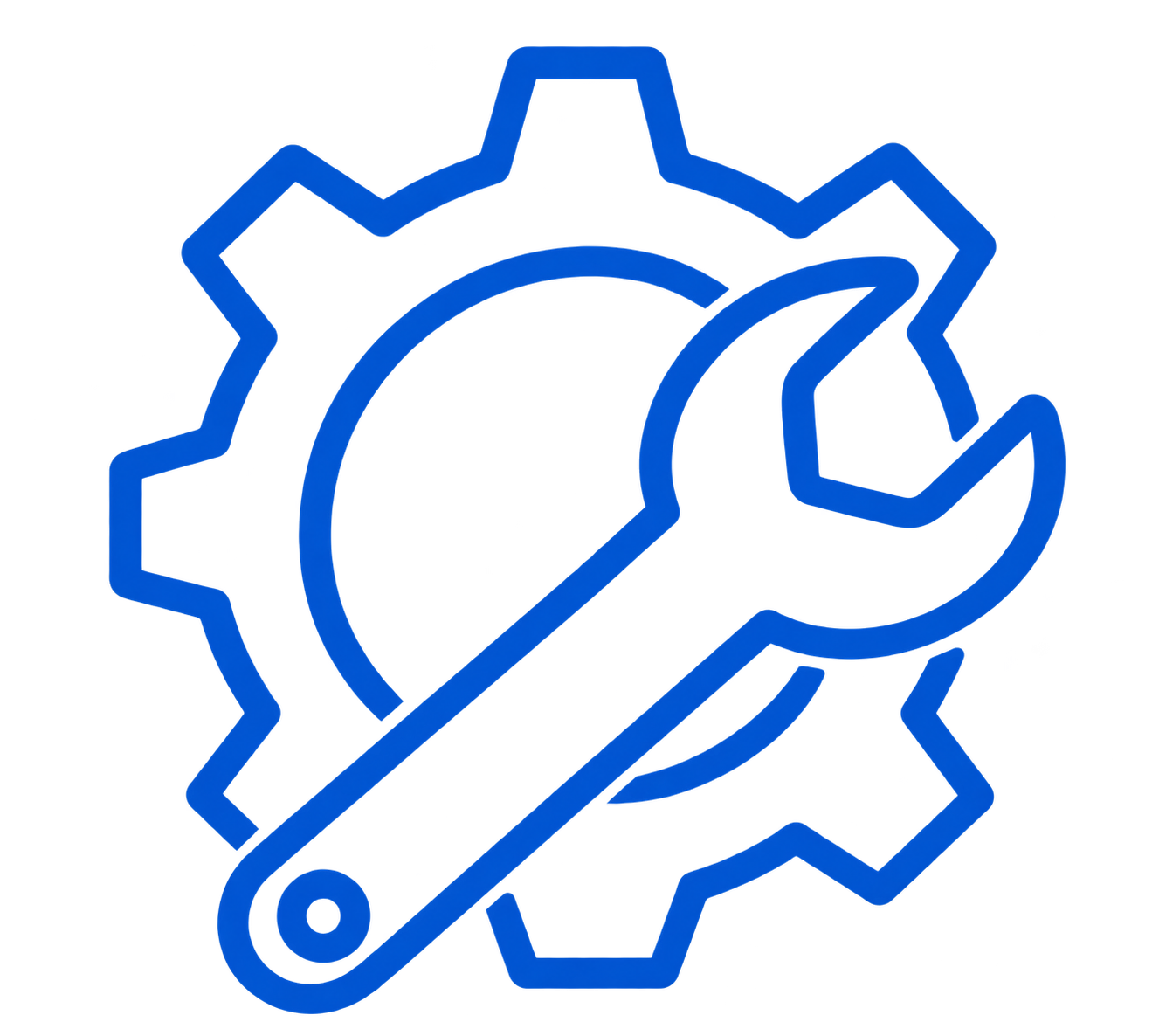 Blue outline icon of a wrench overlapping a gear, symbolizing settings or tools.
