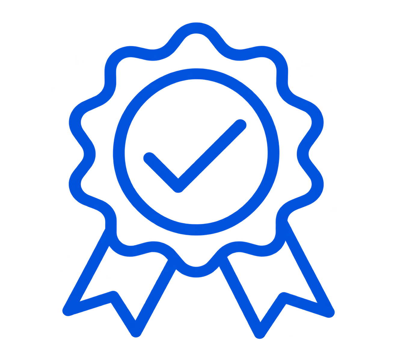 Blue ribbon award icon with a circular rosette and two ribbon tails, featuring a checkmark in the center.