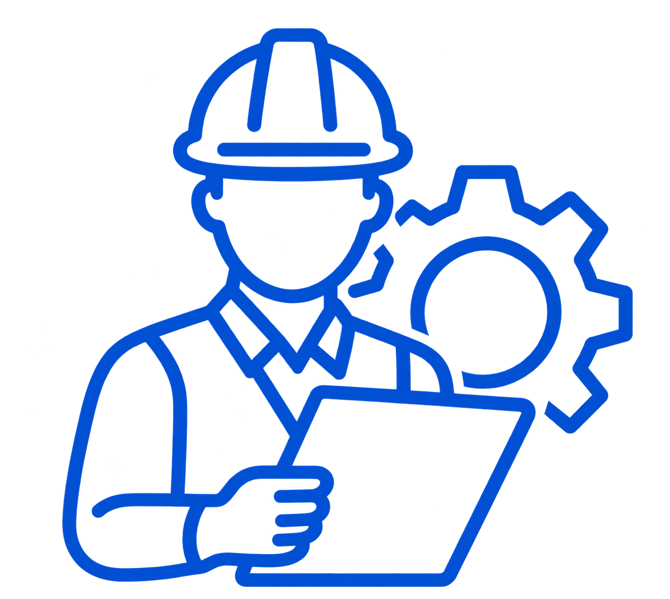 Blue line icon of a person wearing a hard hat holding a clipboard with a gear symbol behind them, representing engineering or technical work.