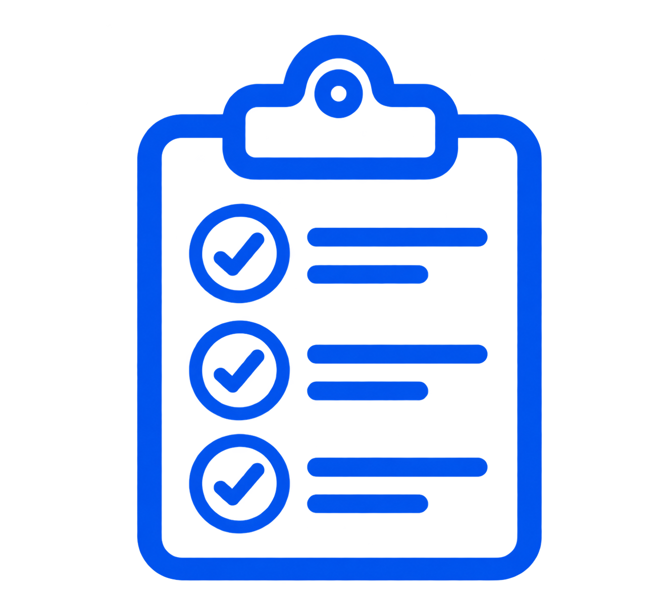 Blue clipboard icon with three checklist items, each marked with a checkmark inside a circle.