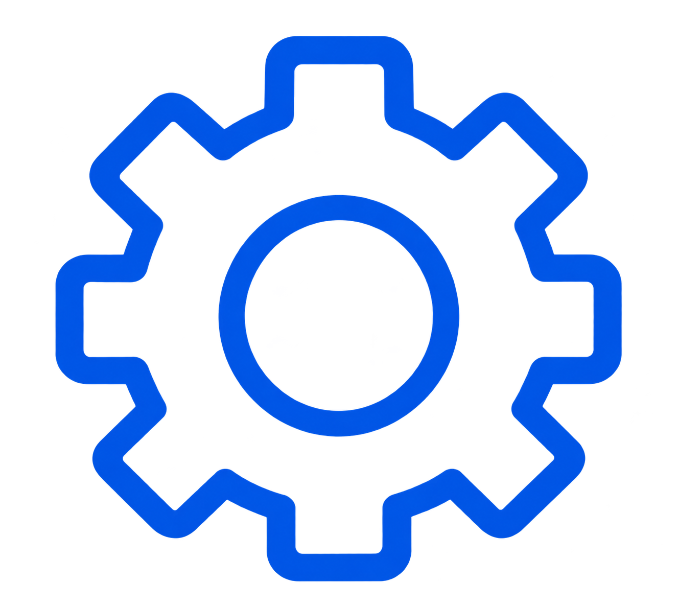 Blue gear icon with eight teeth and a circular hole in the center on a transparent background.