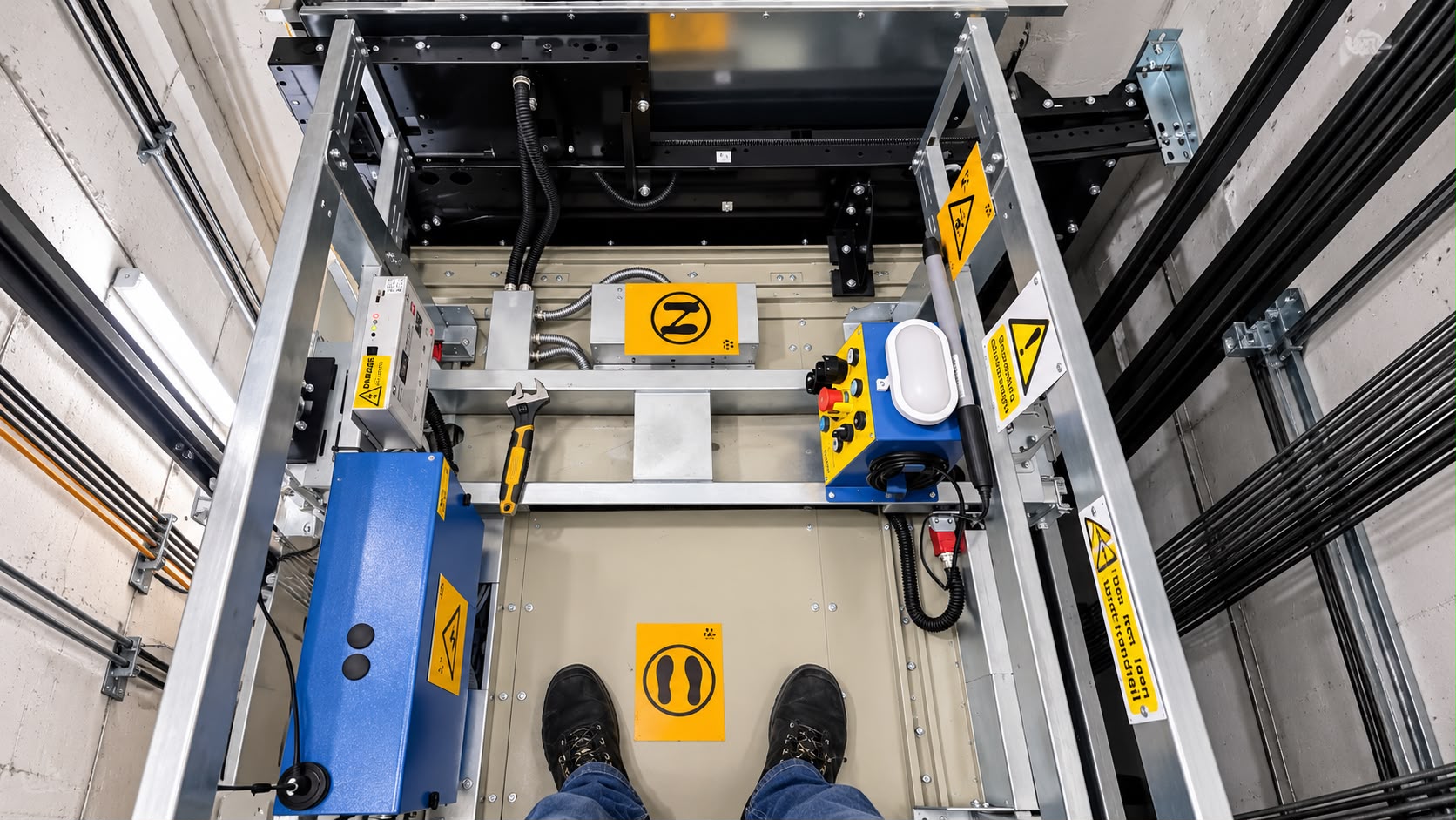 View looking down at a person’s black boots standing on a platform inside an elevator shaft with metal framework, control panels, warning signs, and a yellow handle wrench placed on the platform floor.