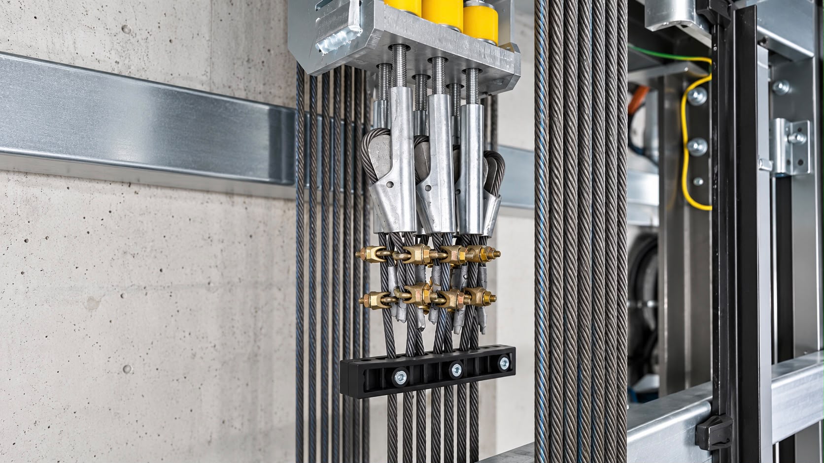 Close-up view of steel cables with metal clamps and connectors inside an elevator shaft next to a concrete wall.