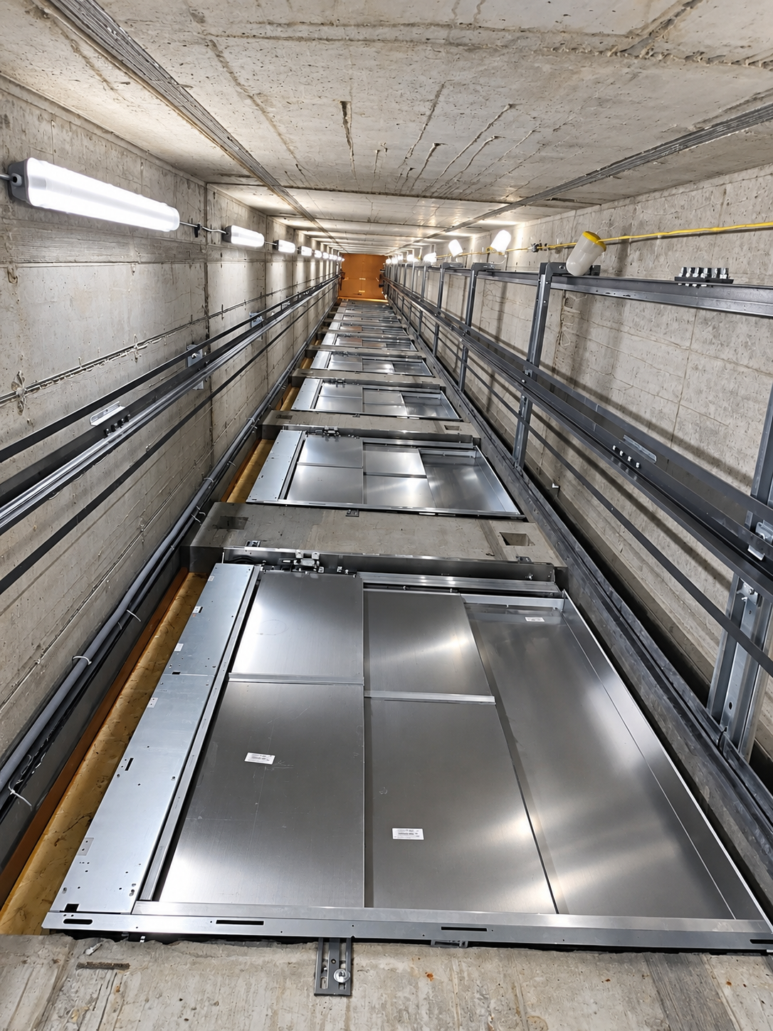 Interior view looking up inside an elevator shaft with exposed concrete walls and metal elevator doors at multiple floors along the shaft walls, illuminated by linear lights on the left side.